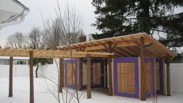 After: Completed pergola and outdoor structure in the winter