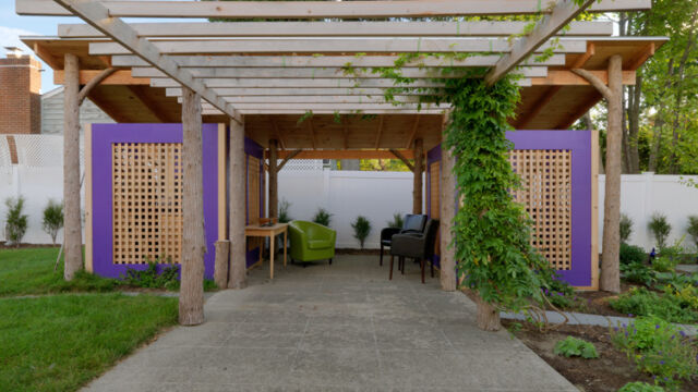 After: view from under the pergola looking toward outdoor structure