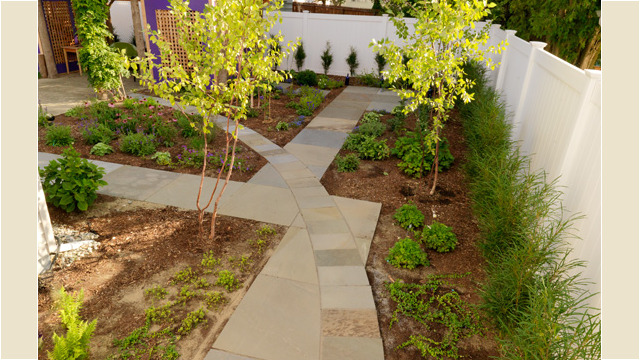 After: bluestone paths crossing in the backyard